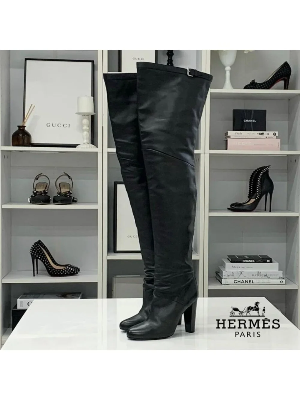 Hermes Leather Knee High Boots Long Black